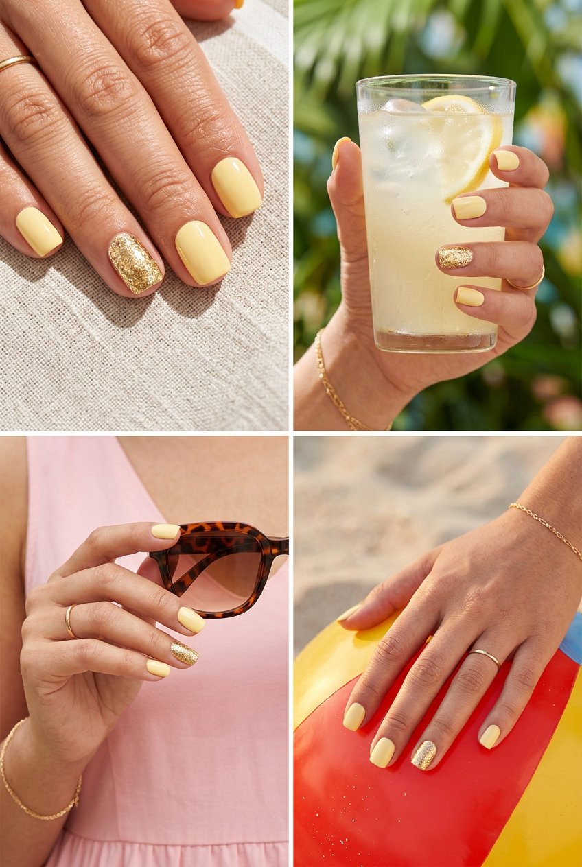 Buttercup Glitter Nails 2026 | Vacation Sparkle Sparkling Buttercup Accent nails: butter yellow with gold glitter accent for summer 2026 vacation outfits.