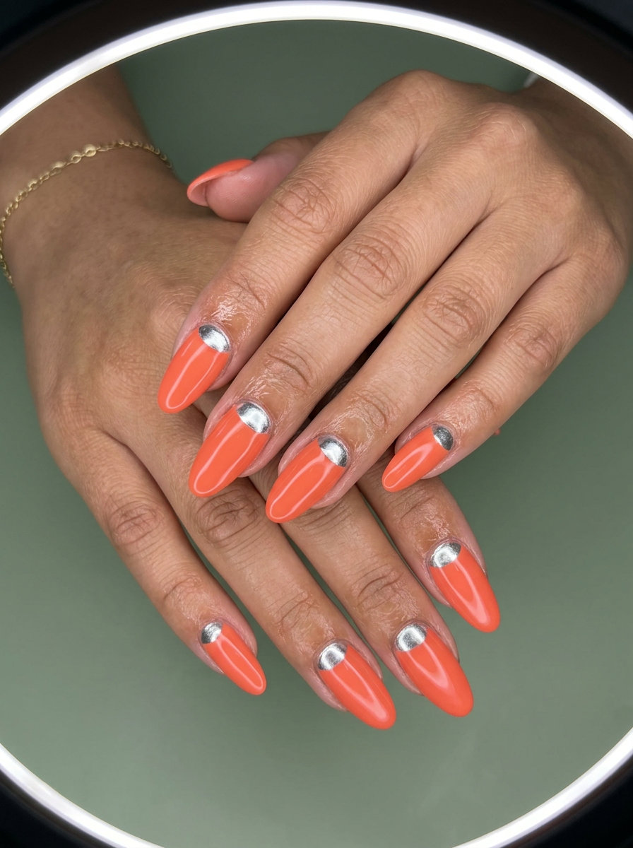 Coral Chrome Accent Nails - Summer 2026 Sultry Coral chrome lunar accent manicure for summer 2026, perfect for date nights and parties.