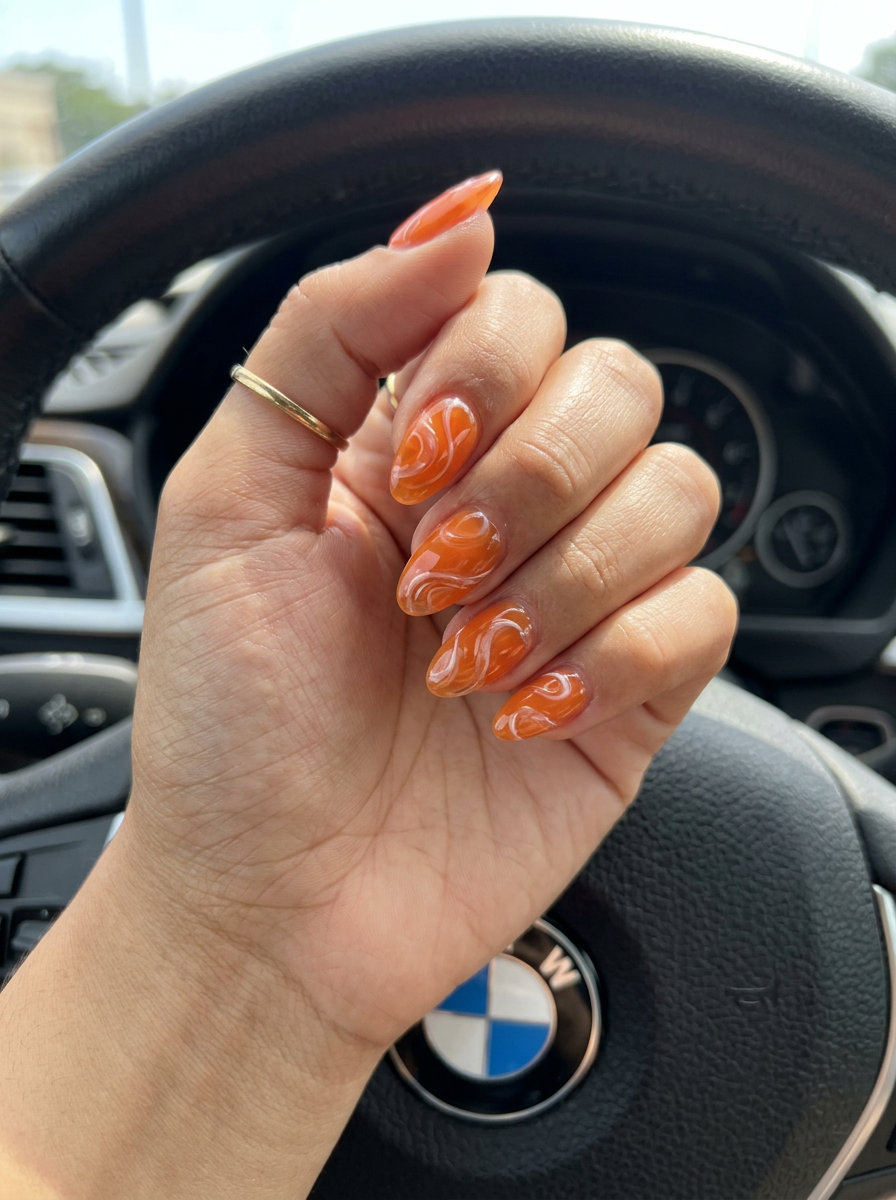 Coral Chrome Nails 2026 | Bold Party Style Coral Chrome Lunar nails: vibrant coral with metallic silver chrome half-moon for summer 2026 party outfits.