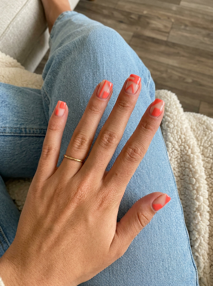 Coral Geometric Nails 2026 | Festival Vibe Coral Geometric Edge nails: vibrant coral shapes on clear base for summer 2026 festival outfits.