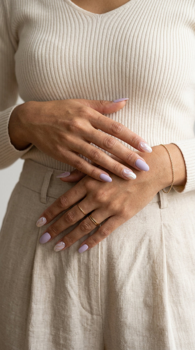 Pale Lavender Matte Accent - Summer 2026 Dreamy Pale lavender matte accent manicure for summer 2026, ideal for casual outings.