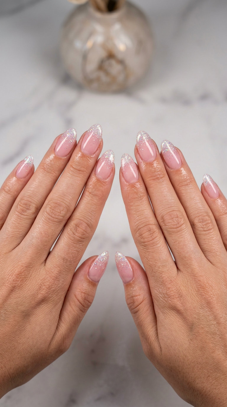 Peach Glitter Tips Nails 2026 | Vacation Sparkle Peach Glitter Sparkle Tips nails: sheer peach with iridescent glitter tips for summer 2026 vacation outfits.