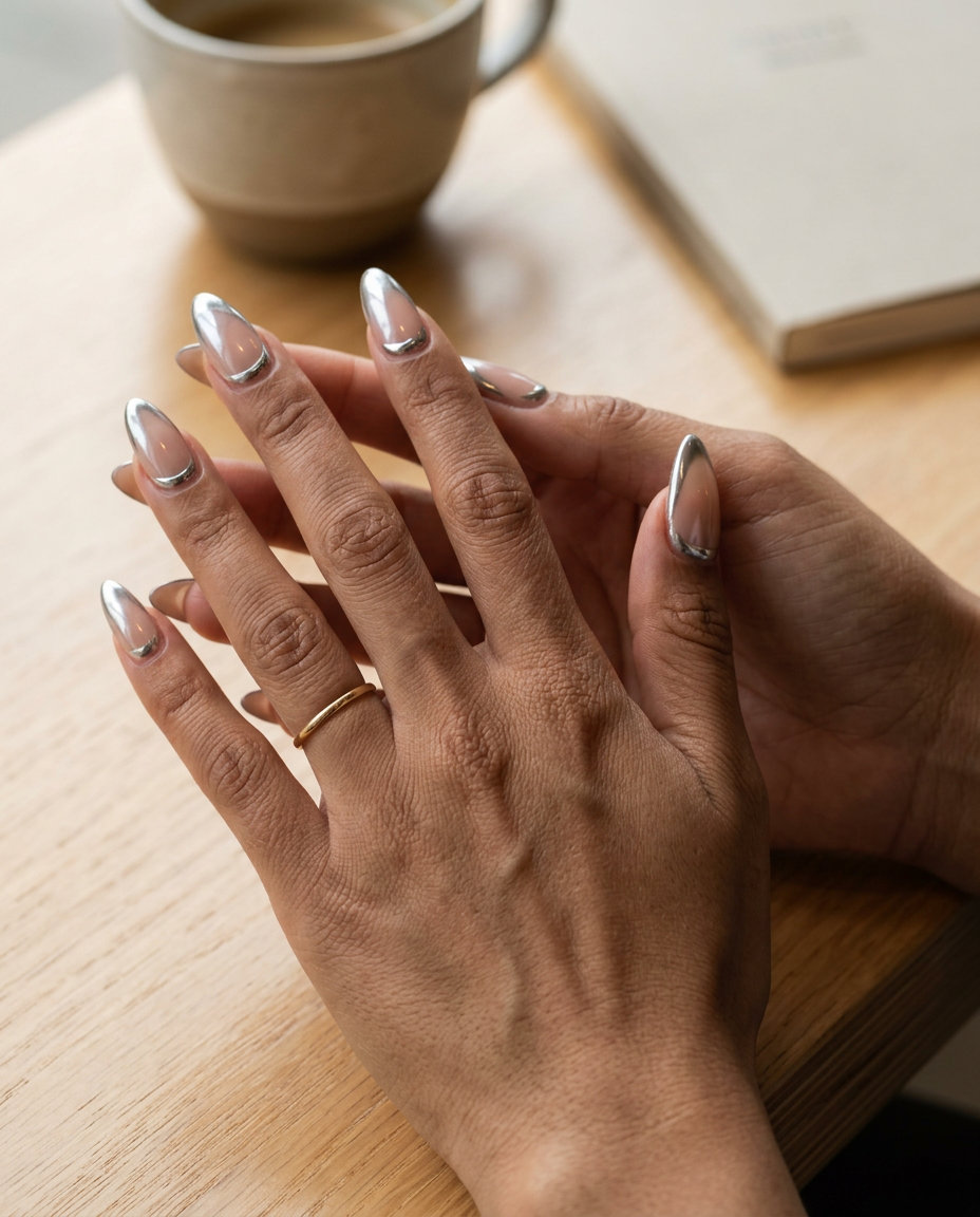 Nude & Silver Chrome Accents - Summer 2026 Chic Metallic silver chrome accent manicure for summer 2026, ideal for parties and night outs.