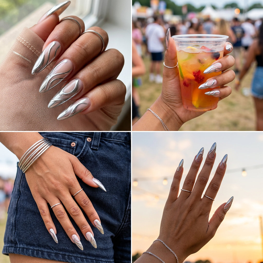 Silver Chrome Swirls Manicure Colors Summer 2026 Edgy abstract silver chrome swirls manicure colors summer 2026 for festivals and nights out.