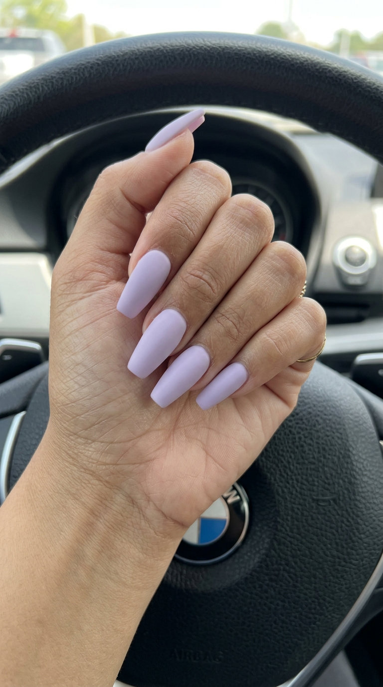 Velvet Lavender Nails 2026 | Sophisticated Glam Velvet Lavender Haze nails: pale lavender with velvet matte finish for summer 2026 cocktail party outfits.