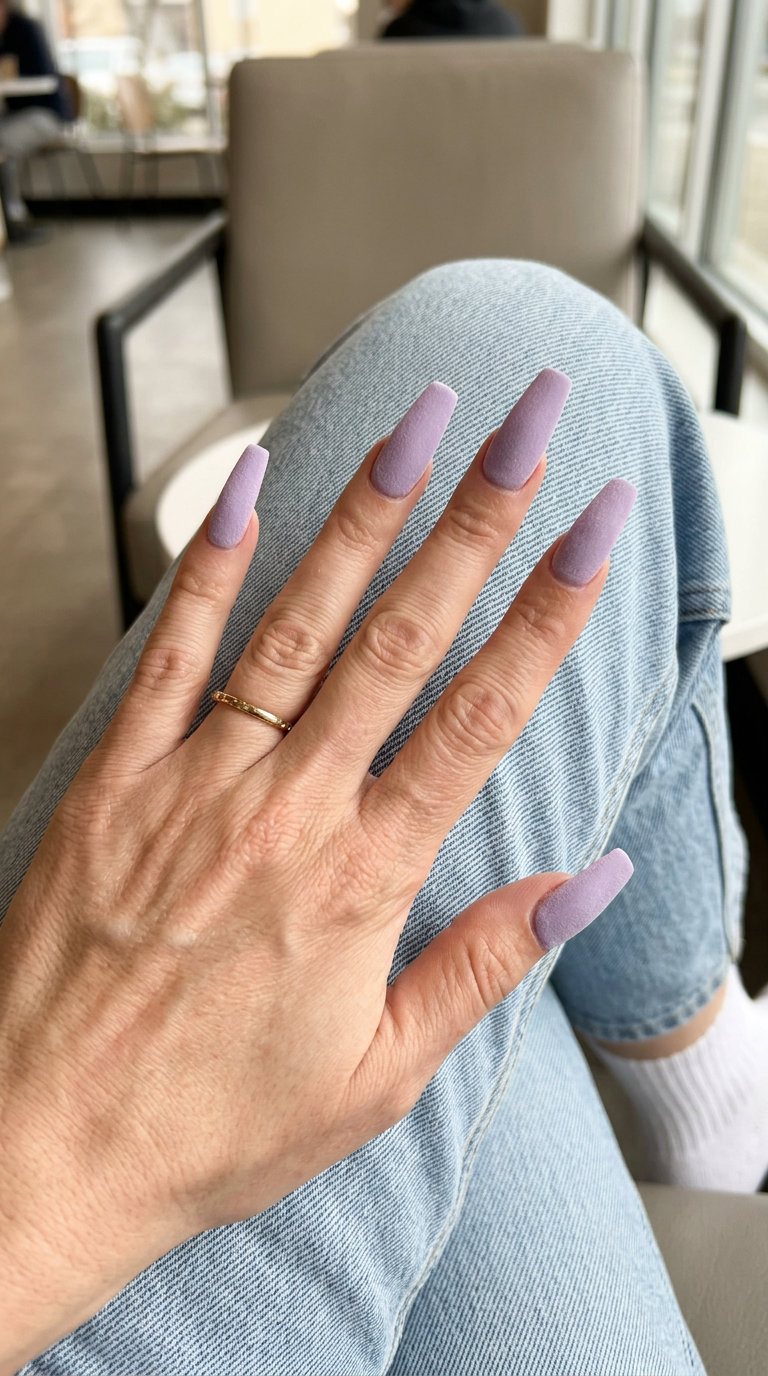 Velvet Lavender Nails 2026 | Formal Event Chic Velvet Lavender Haze nails: pale lavender with velvet matte finish for formal events, summer 2026.