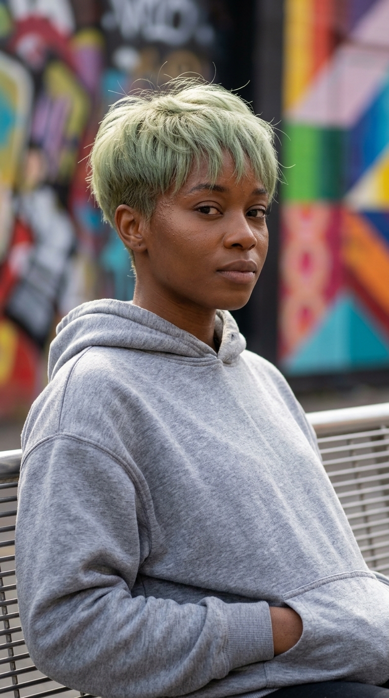 very short razored pixie haircut in muted matcha green with wispy fringe for playful style