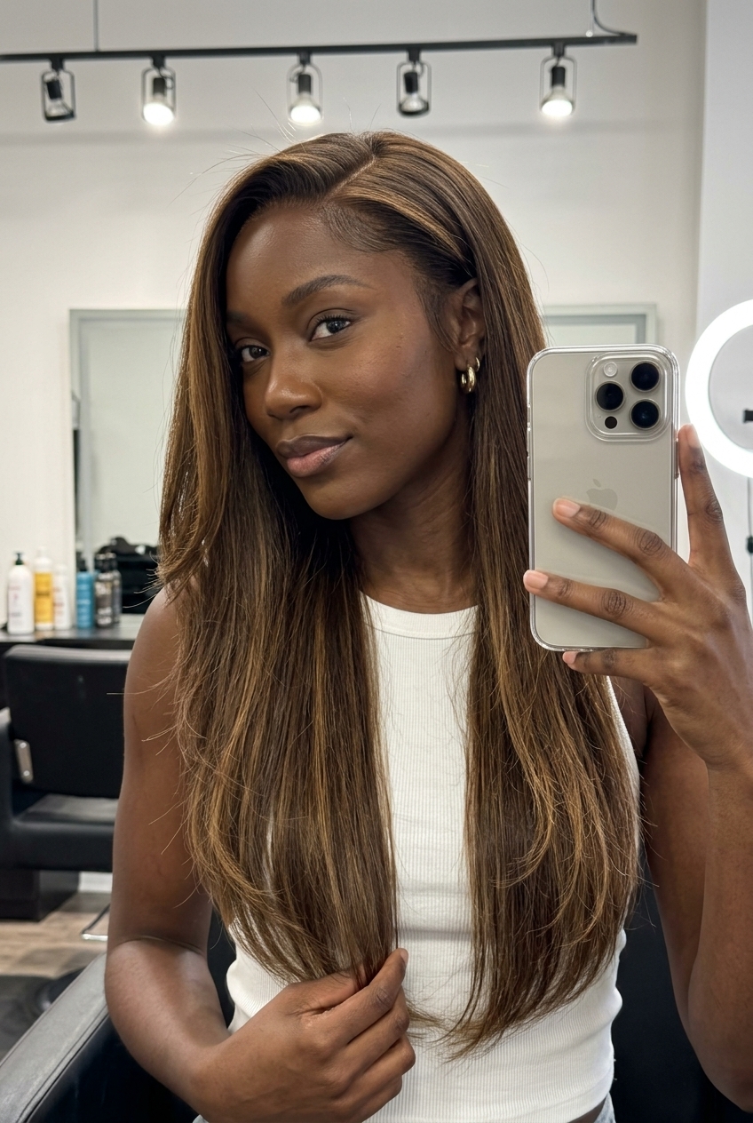 long haircut with medium brunette, caramel accents, elongated layers — playful effortless style