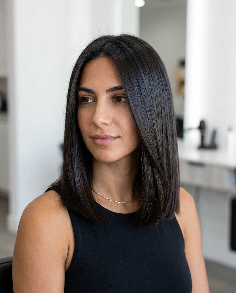 medium blunt lob haircut with midnight espresso charcoal undertones, razor sharp perimeter, middle part — sleek professional style