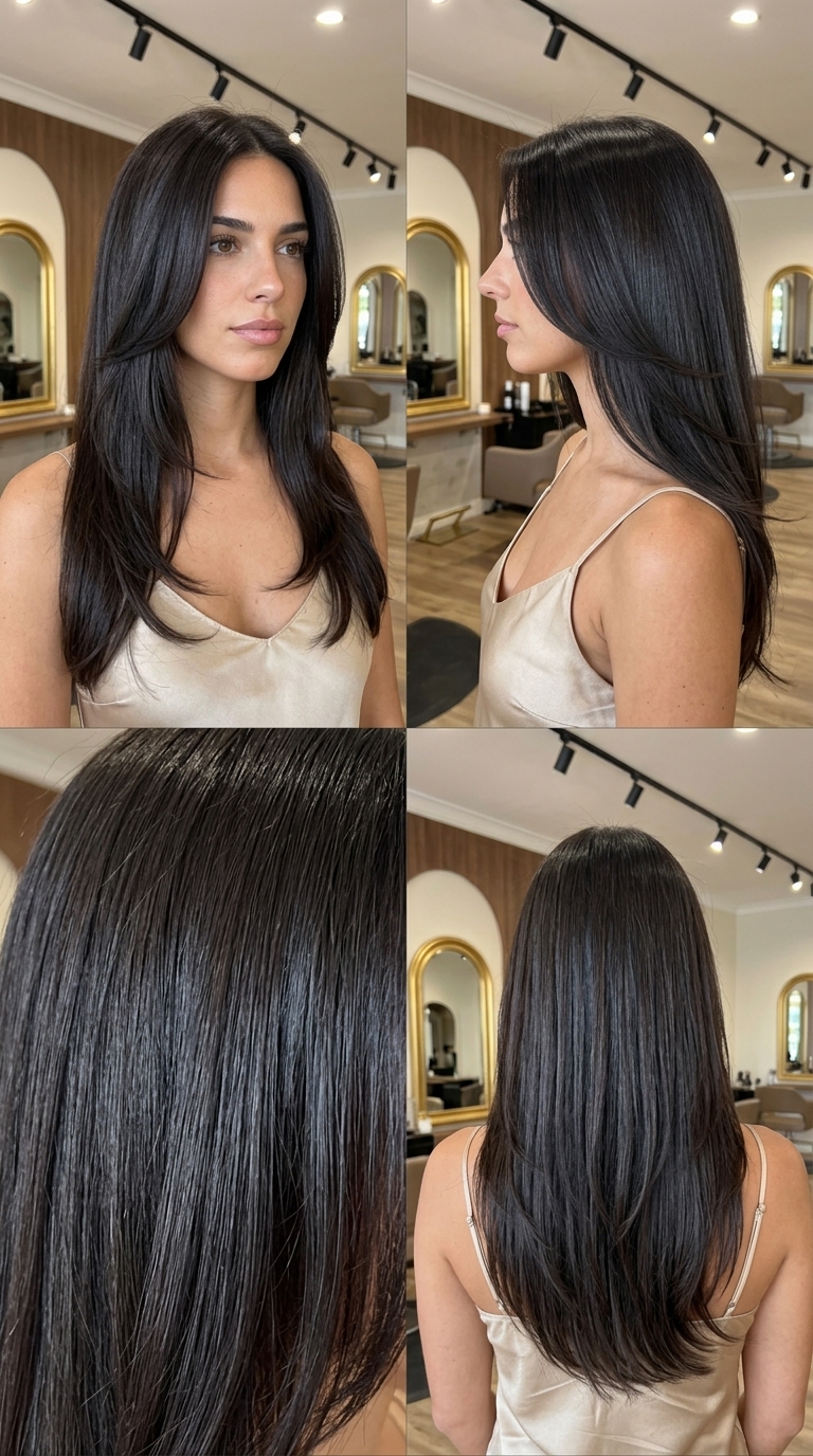 long midnight espresso haircut with cool undertones and V-shaped layers for summer gala