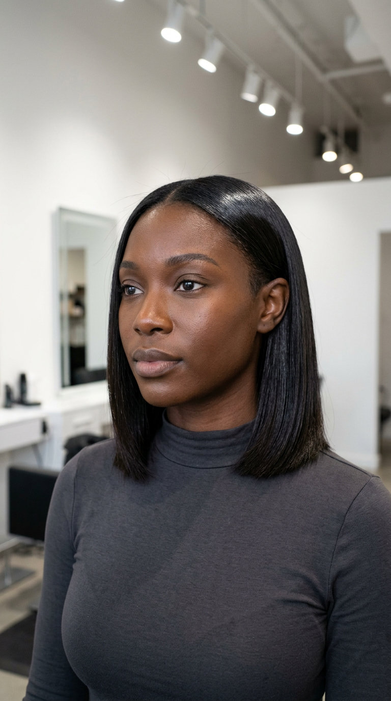 medium blunt bob haircut in midnight espresso with charcoal undertones, low clipper fade — professional sleek