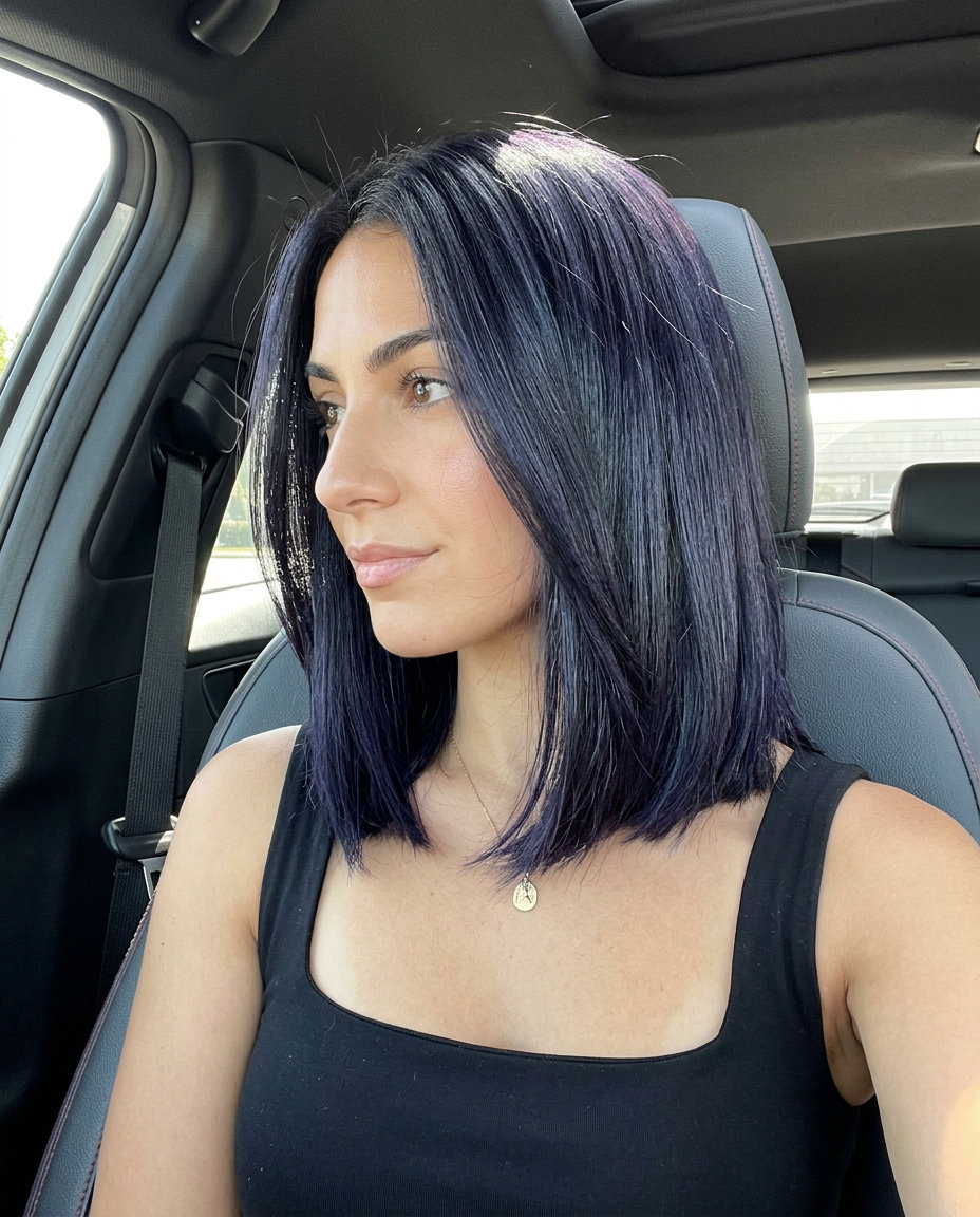 medium lob midnight espresso with blue-violet undertones, soft perimeter — sophisticated polished