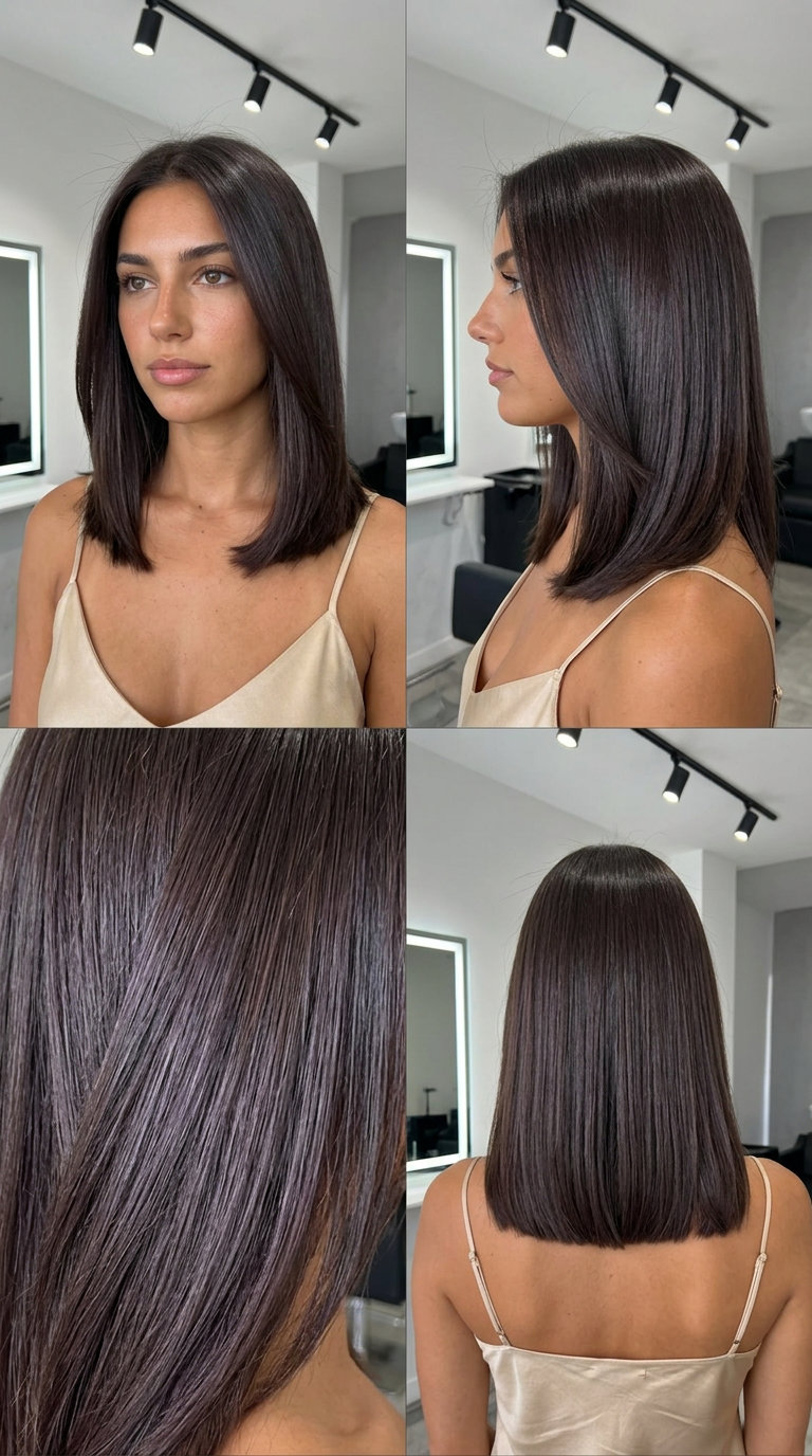 Sophisticated Midnight Glass Midi 2026 mid-length blunt cut in deep midnight espresso brunette with violet-ash reflects for summer