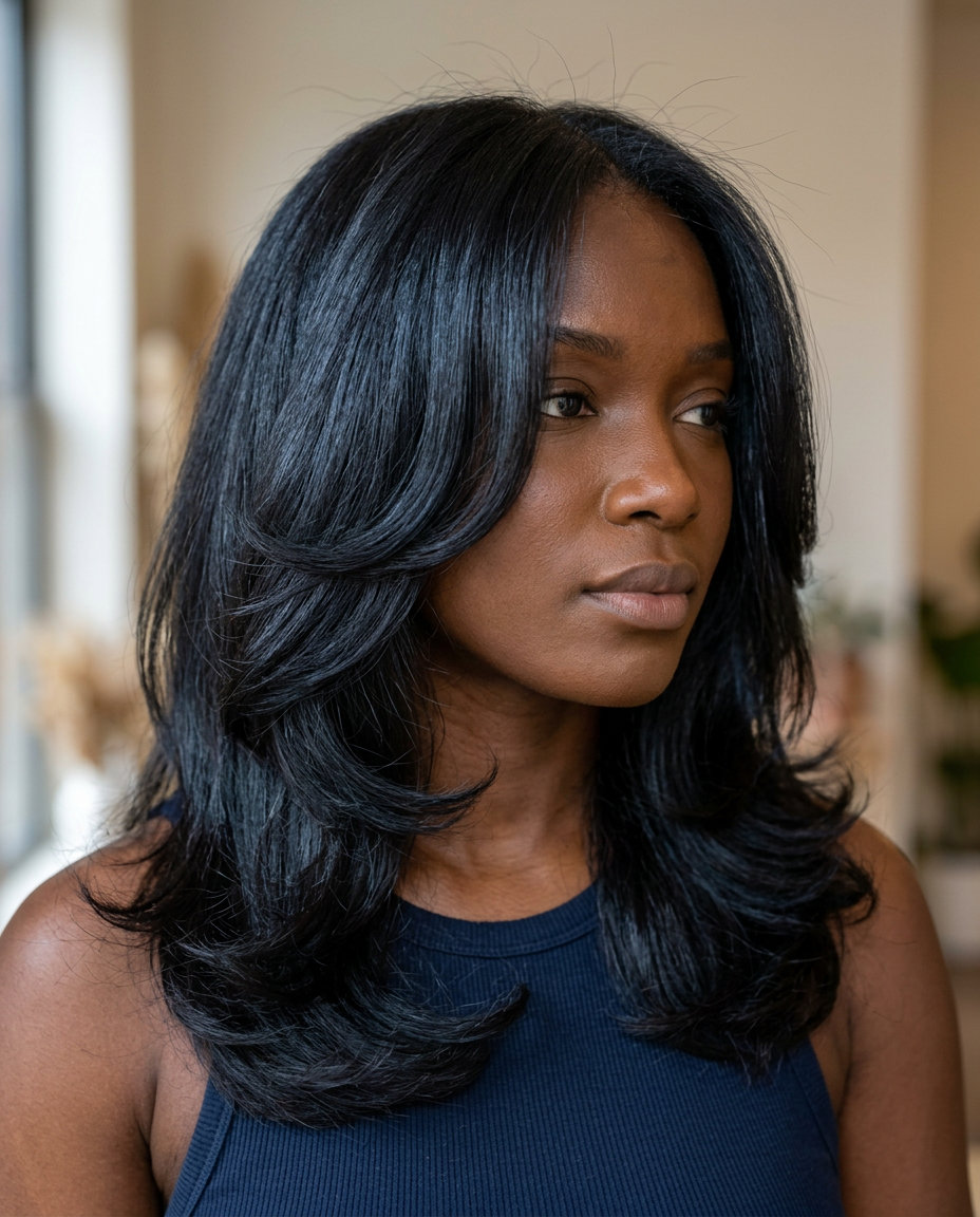 mid-length layered haircut in midnight espresso with blue-black undertones, cascading layers, soft face-framing — glamorous summer style