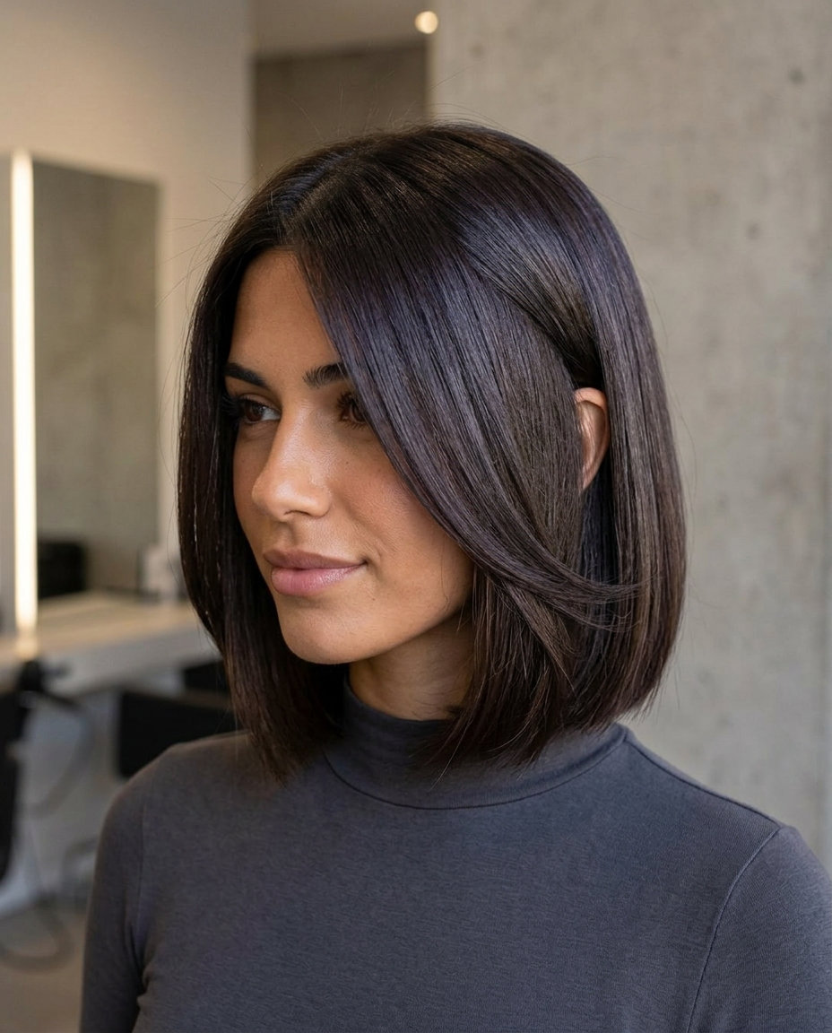 Chic Midnight Espresso Bob 2026 neck-length Italian bob in midnight espresso brunette with violet-ash reflects and deep side part for summer