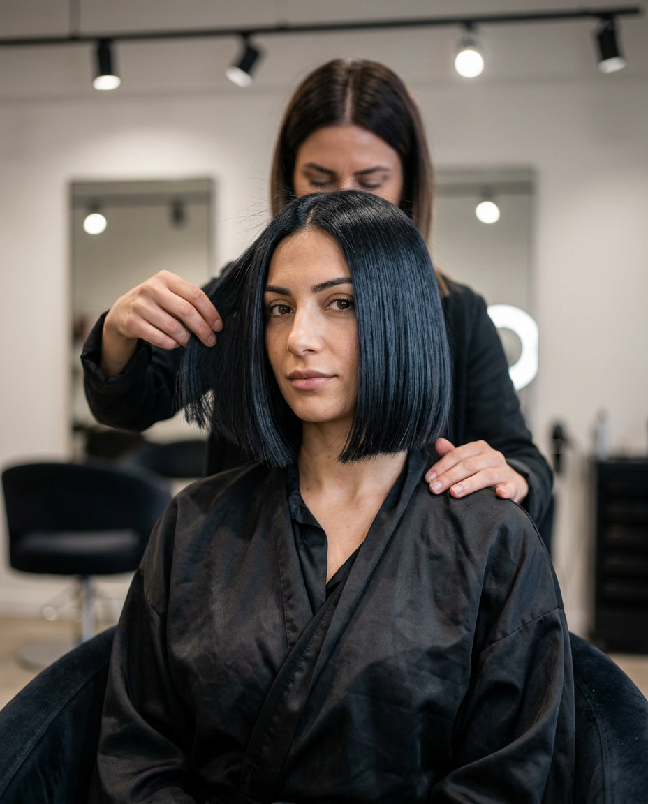 short blunt bob haircut in midnight espresso with cool blue-black undertones, sharp perimeter, no bangs — polished summer look