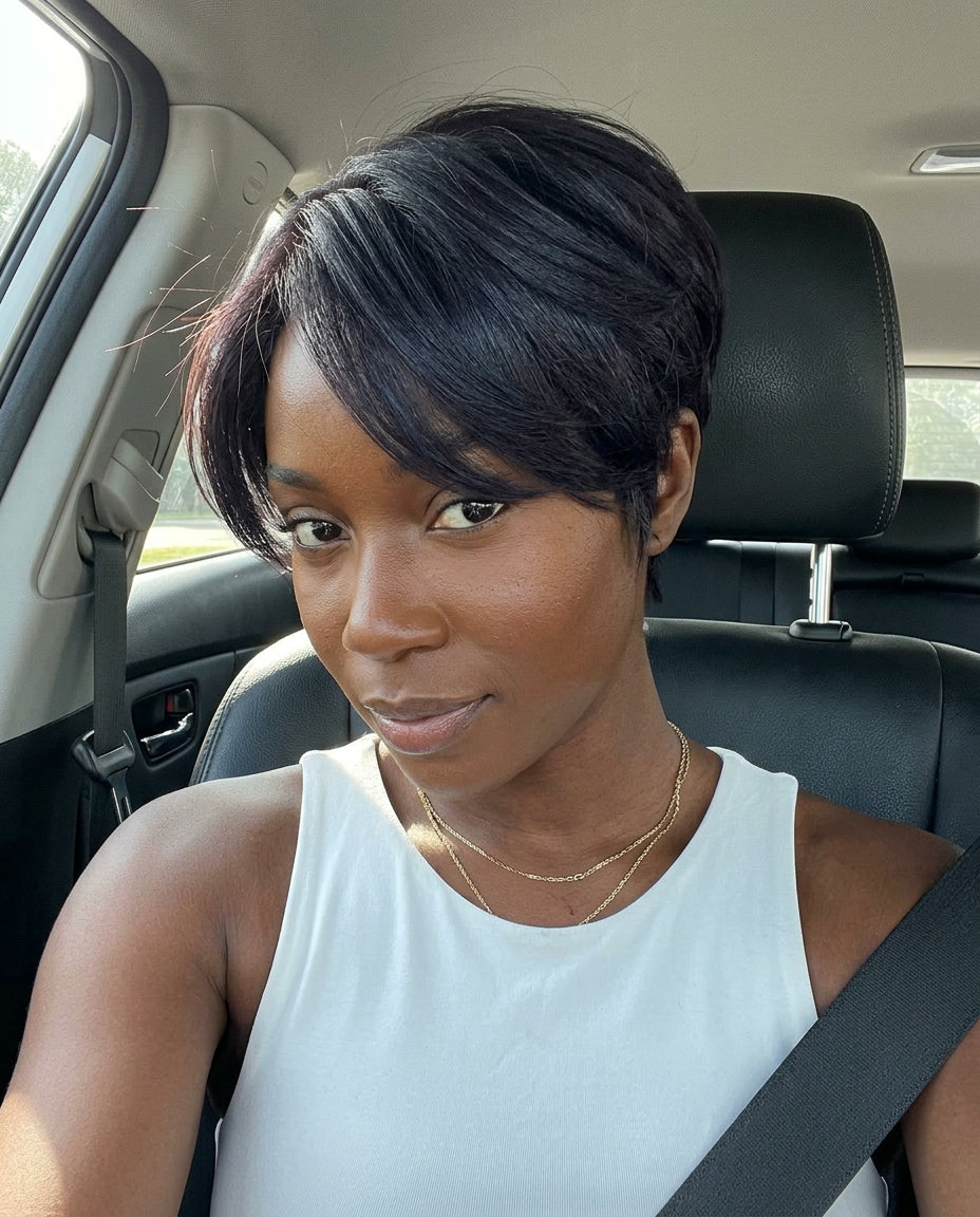 short pixie haircut in midnight espresso brunette with razored texture and tapered sides for professional events