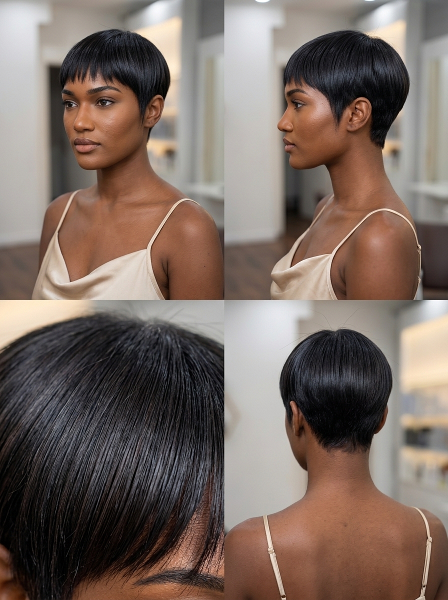 very short pixie haircut with micro-fringe in midnight espresso for retro chic