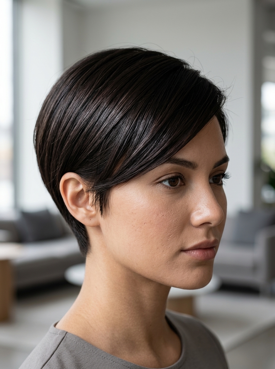 very short pixie haircut in midnight espresso with sharp taper and deep side part for professional settings