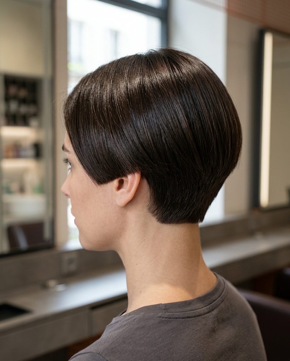 very short pixie haircut in deep midnight espresso with sculpted taper and deep side part for professional events