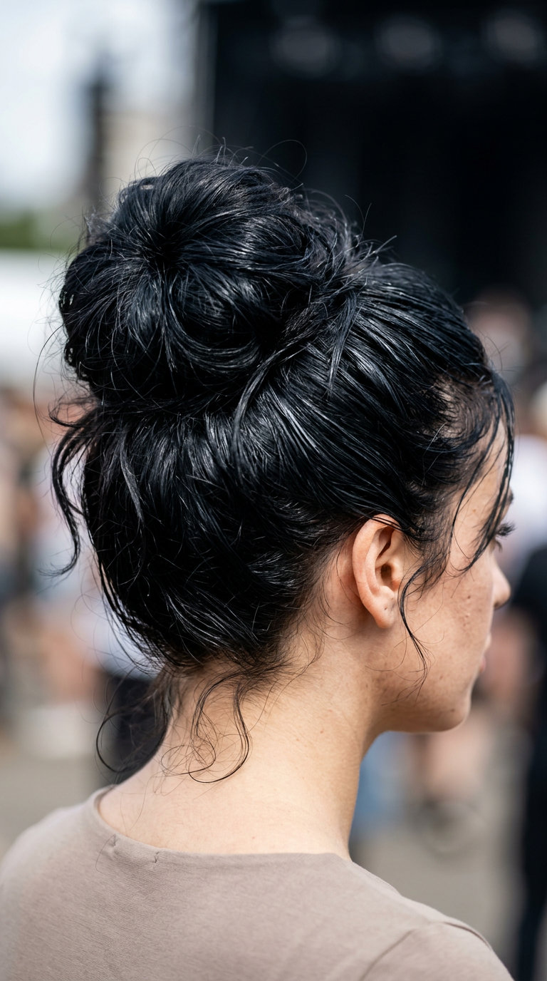 long cloud bun updo with midnight onyx, internal layering — outdoor music festival
