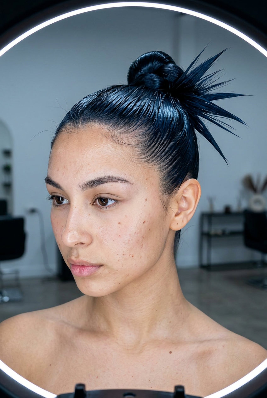 long spiky bun updo with midnight onyx blue-black, one-length blunt cut — professional meeting