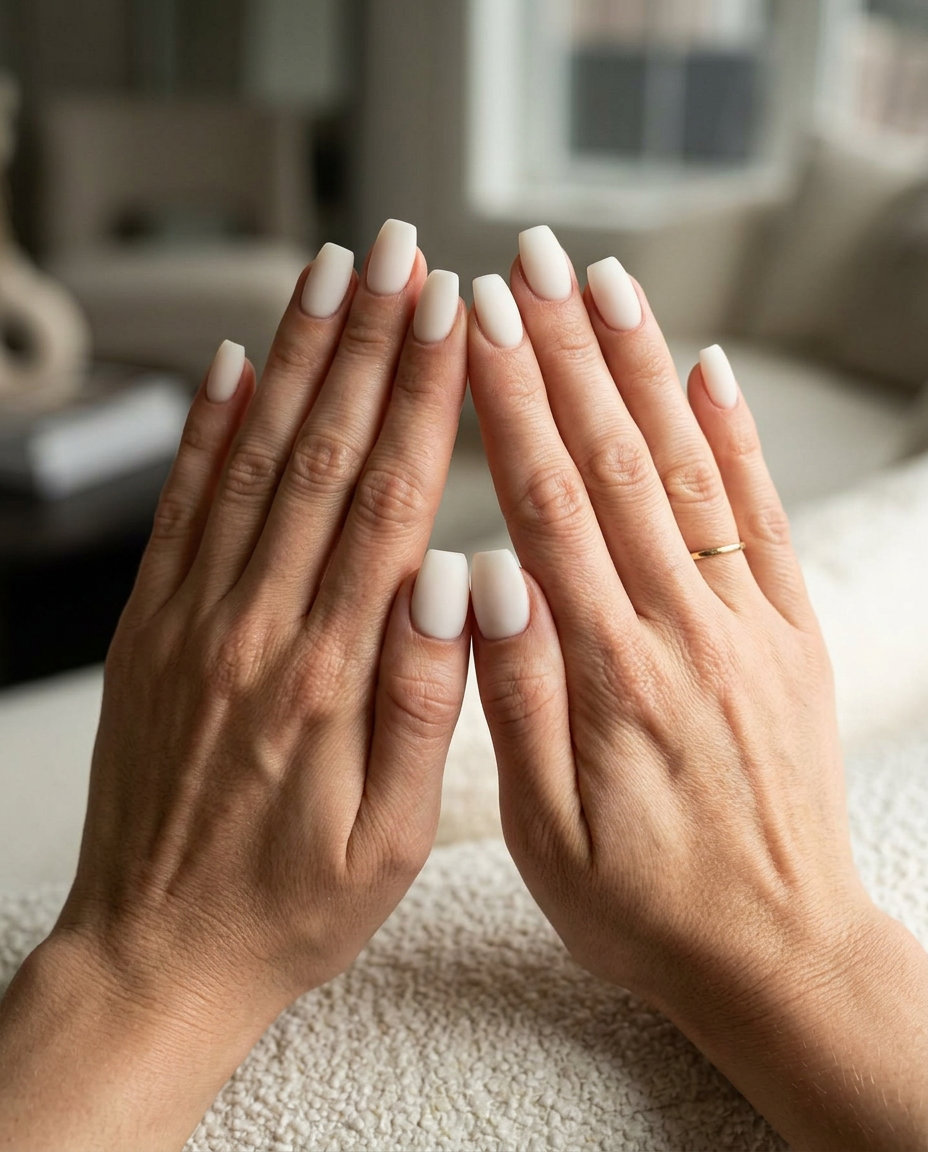 Milky White Velvet Nails 2026: Sophisticated Milky white velvet short coffin nails for trending summer nails 2026. Sophisticated, minimalist formal style.