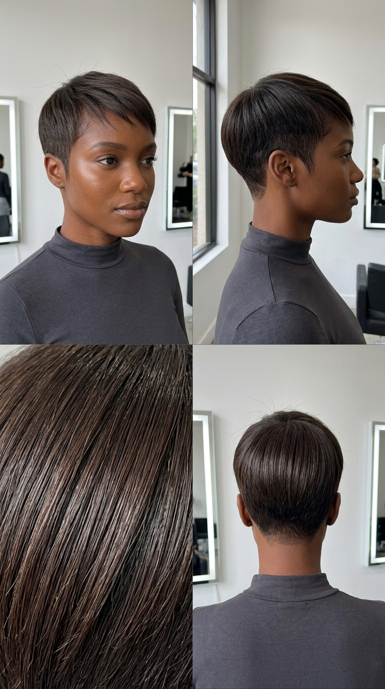 short clipper faded haircut with deep mocha brown color, minimalist edgy for daily wear
