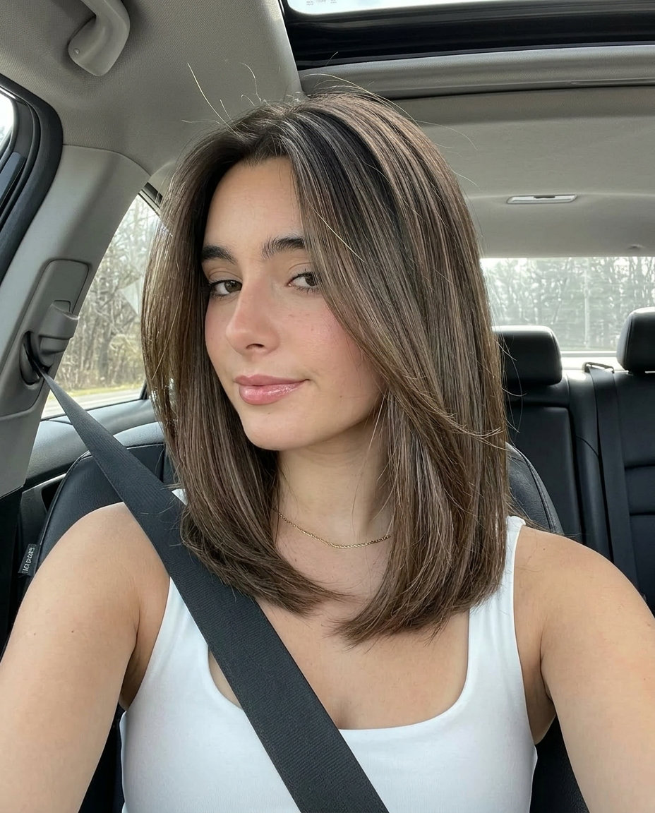 Mocha Shadow Root Brunette Hair 2026 long one-length brunette hair with mocha shadow root, shadow root, no fringe β sophisticated office look