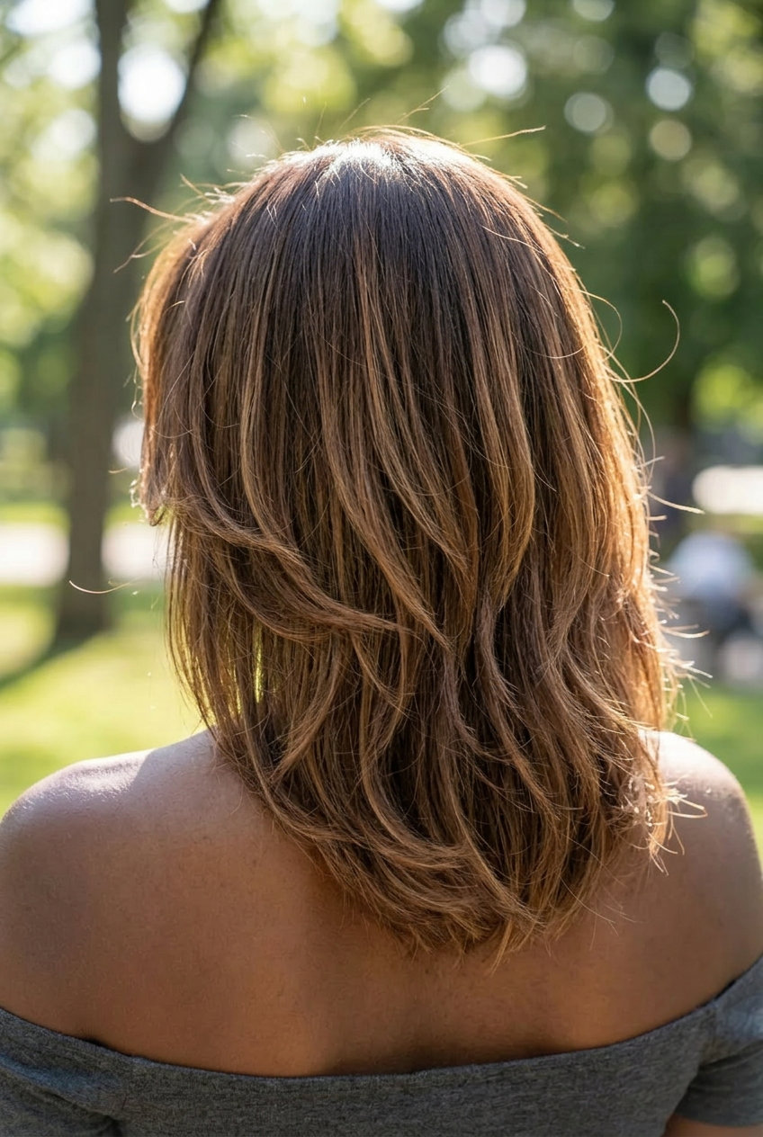 shoulder-length mocha brunette textured haircut with caramel babylights and face-framing layers for summer 2026