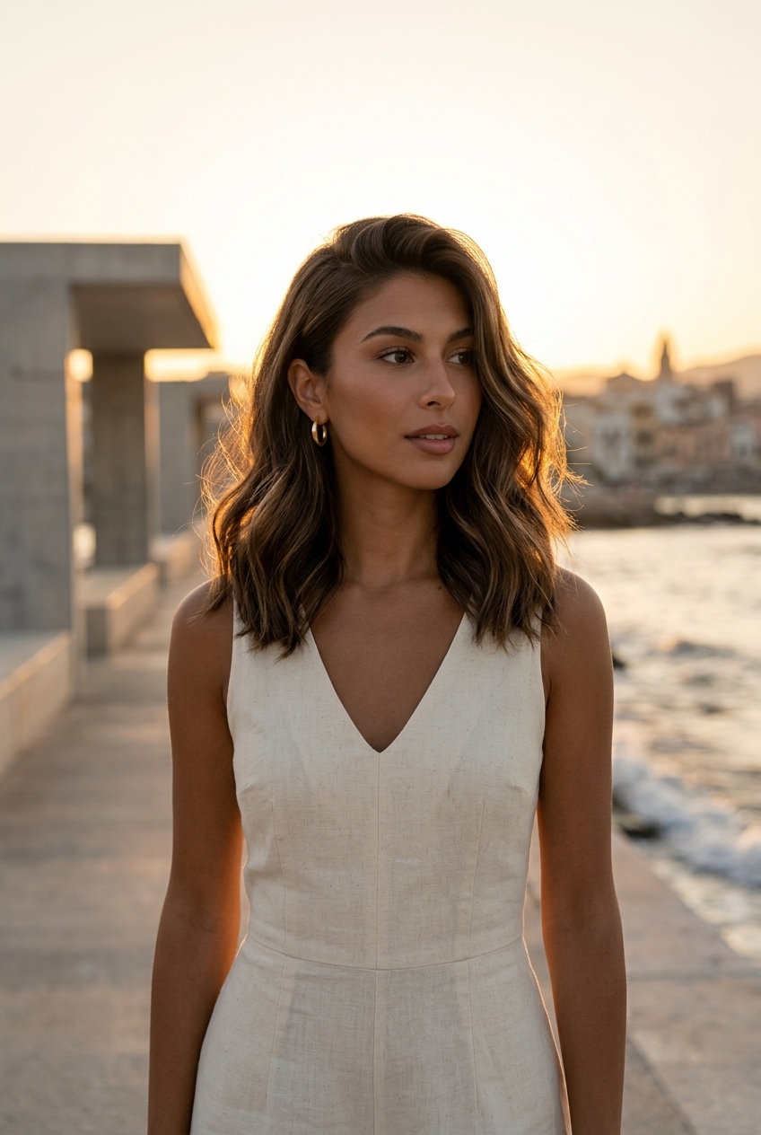 Sleek Lob: Summer 2026 Wavy Hairstyle shoulder-length wavy lob with rich mocha, deep part, for professional gala