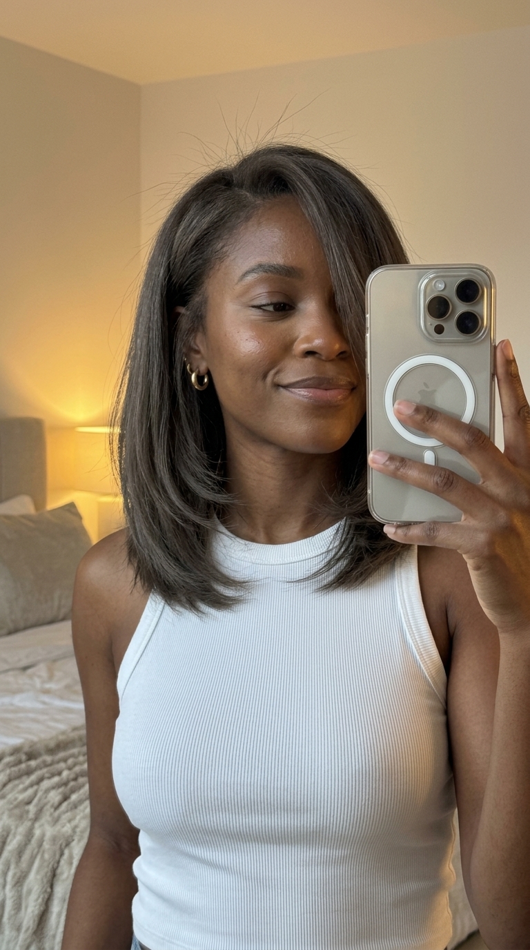 collarbone-length lob haircut with moonlight ash color, soft internal layers, no bangs — chic weekend brunch
