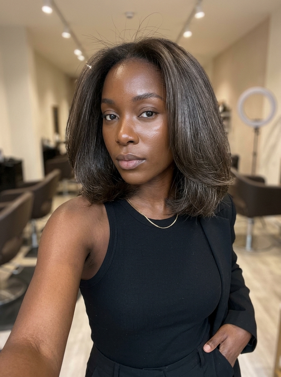 neck-length moonlight ash brunette italian bob with blunt perimeter and deep side part for chic look