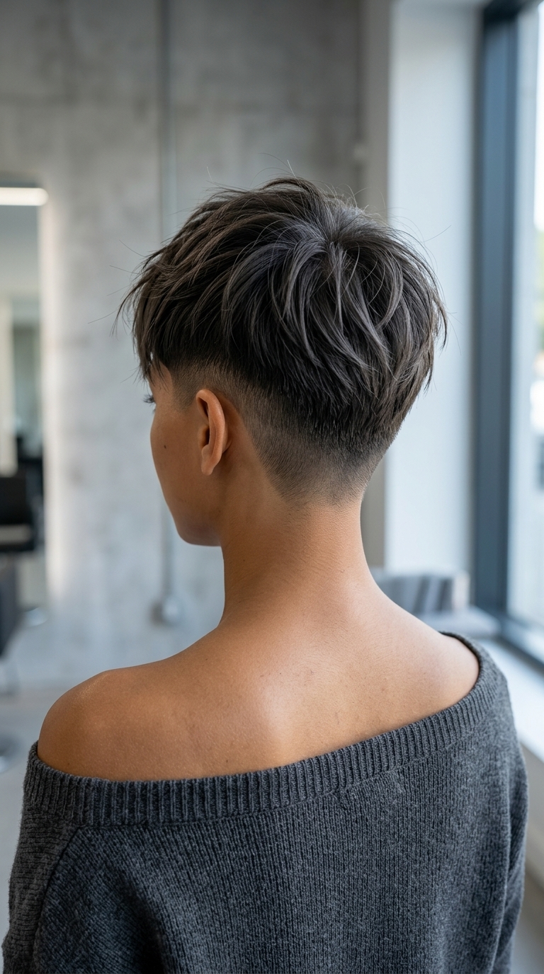 short moonlight ash brunette crop with textured top layers and clipper fade for edgy look
