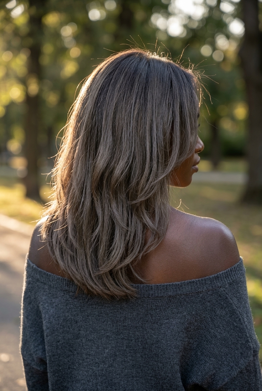 shoulder-length moonlit ash layered cut with dark ash brown grey undertones, seamless layers, face-framing pieces — soft and ethereal
