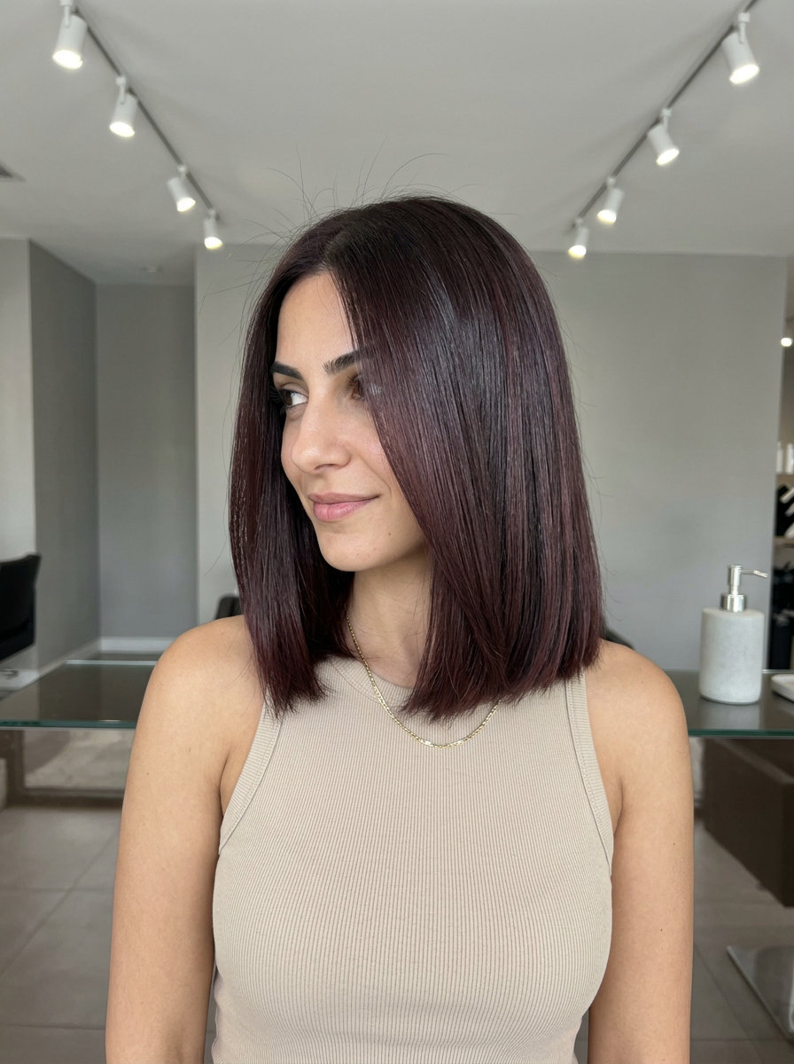 long sleek lob with mulberry kissed brunette color, demi-permanent gloss, no fringe — sophisticated