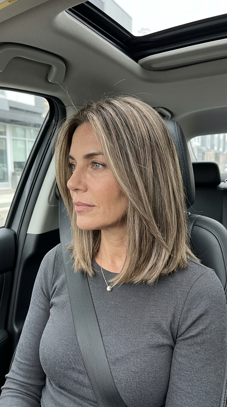 collarbone mushroom bronde lob with beige babylights, blunt perimeter, sculpted texture — minimalist