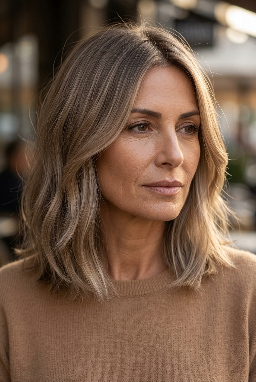 collarbone mushroom bronde lob with ash undertones, blunt perimeter, face-framing pieces — chic