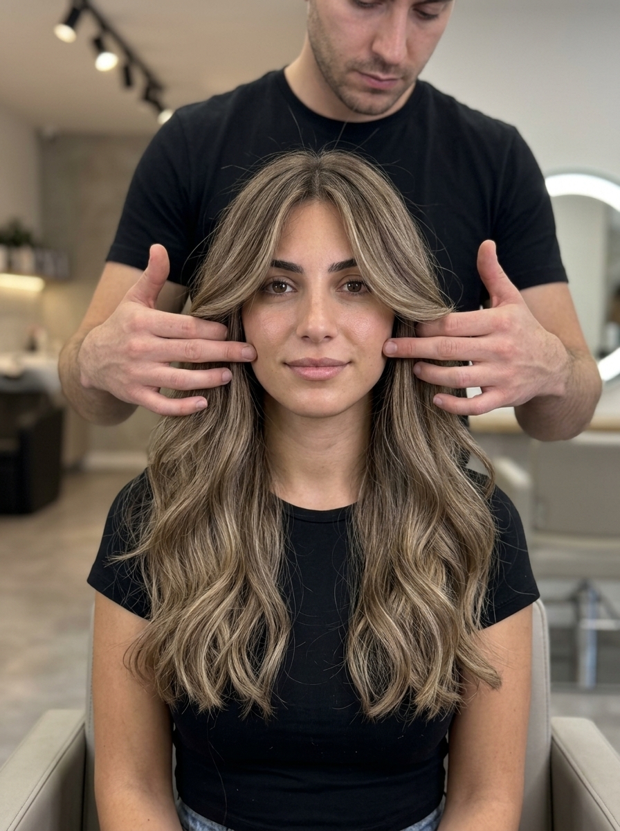 long layered haircut with mushroom bronde color, ash babylights, and face-framing layers for summer