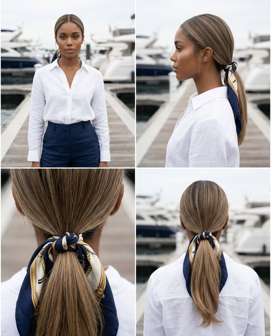 long ponytail with mushroom bronde and beige blonde, sleek finish, no fringe — elegant office style