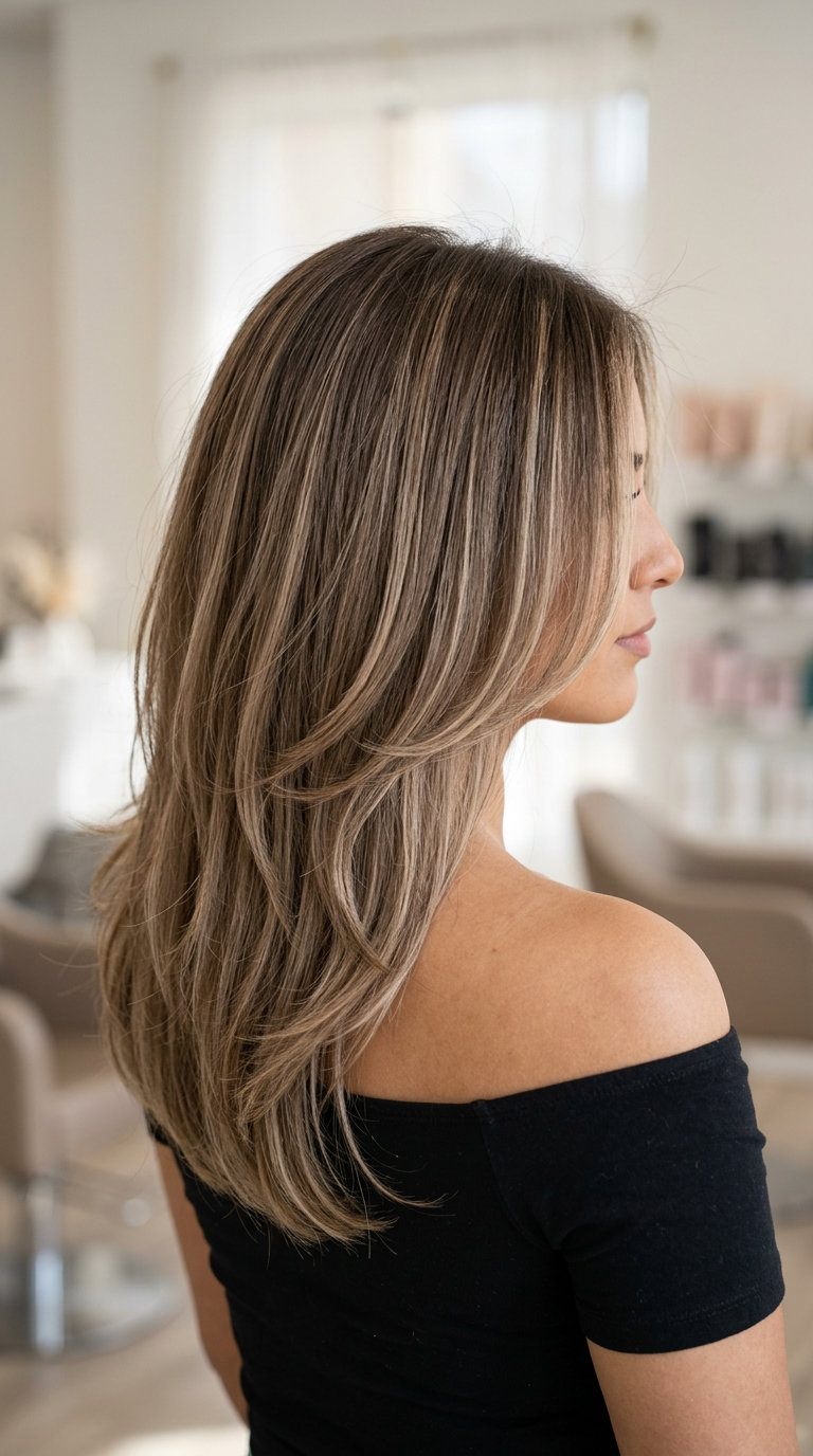 medium-long textured curve cut haircut in mushroom bronde with gold highlights for round face