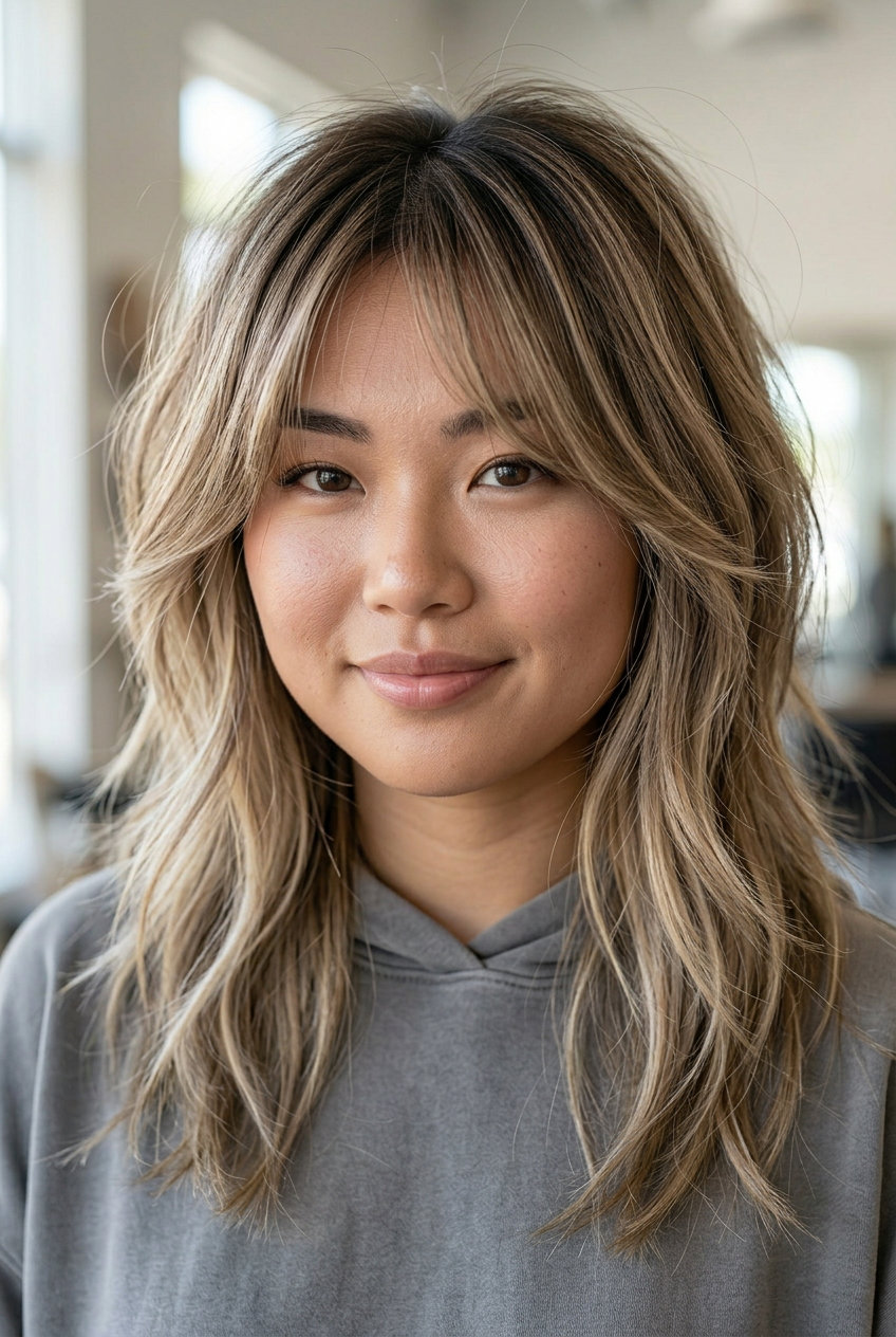 medium-length textured shag haircut in mushroom bronde with sandy blonde for round face