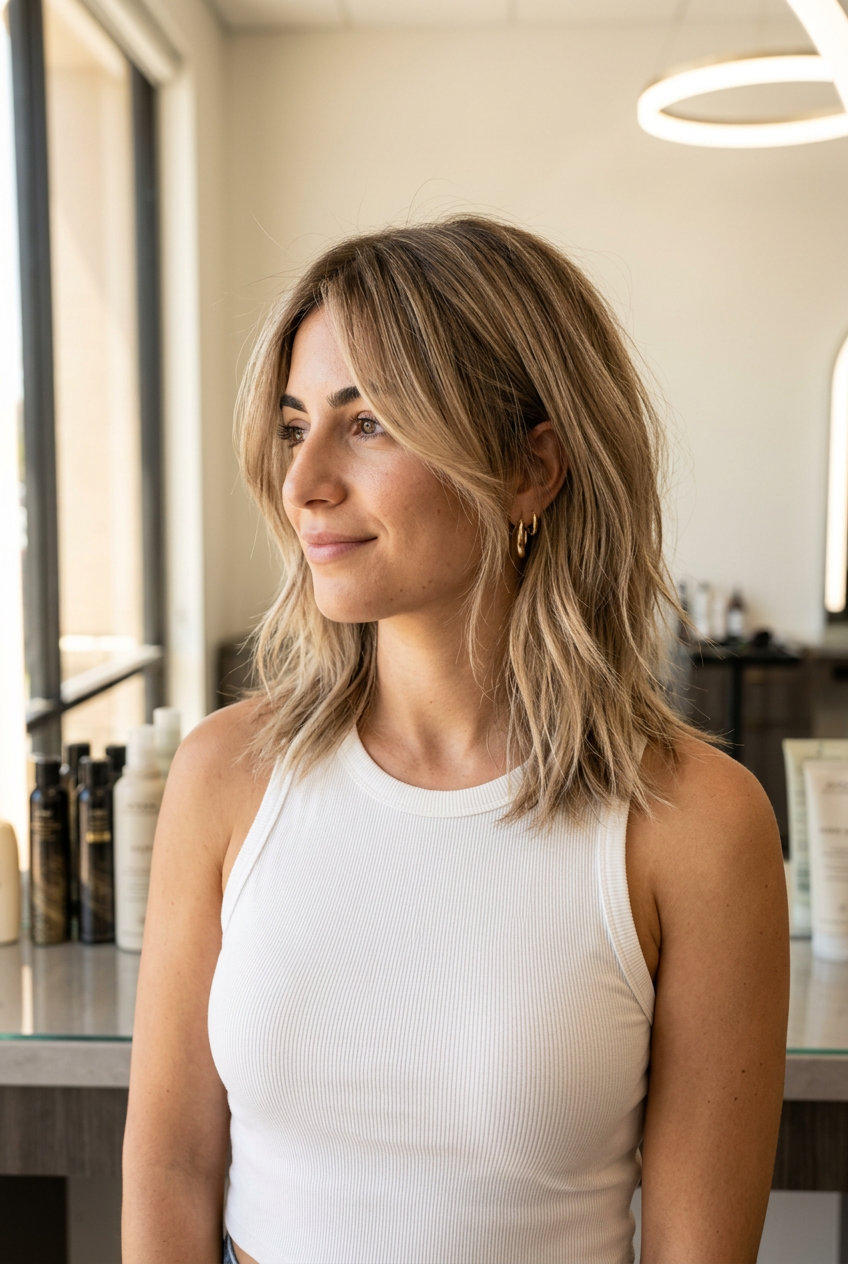 mid-length textured shag haircut in mushroom bronde with sandy blonde balayage for round face