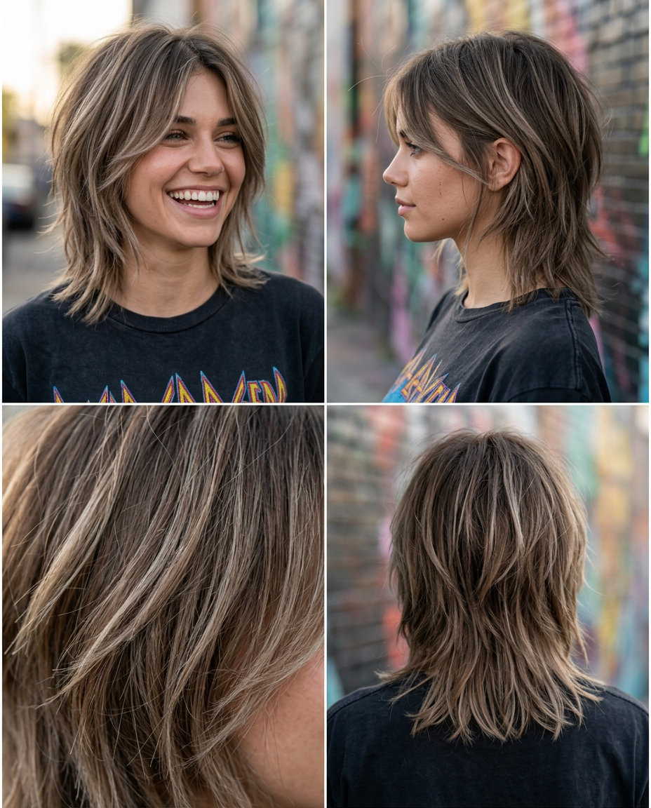 Edgy Mushroom Bronde Shag 2026 short shag haircut with mushroom bronde, textured layers, and face-framing wisps for music festival