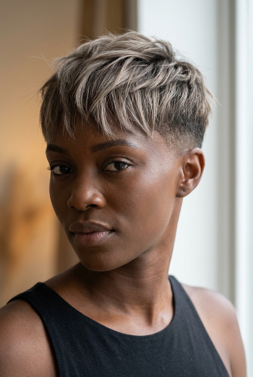 short mushroom bronde haircut with ash undertones and textured crop for casual outings