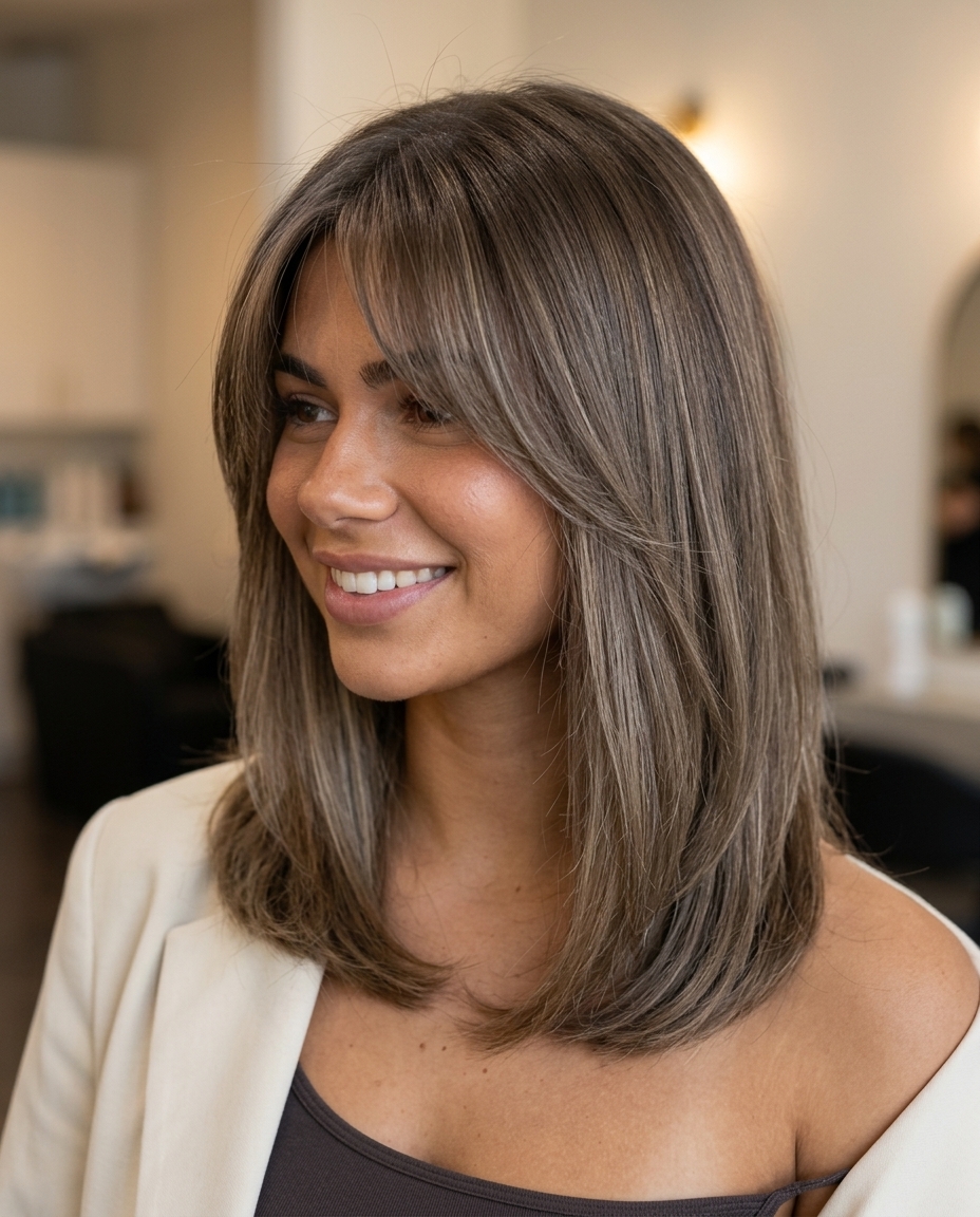 shoulder-length mushroom bronde haircut with ash babylights and Birkin fringe for casual brunch