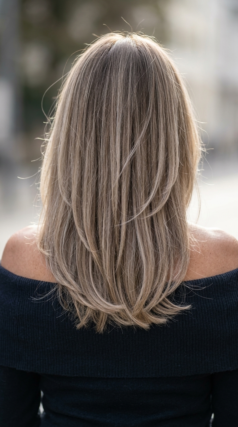 shoulder-length airy midi haircut with mushroom bronde hair and ash brown balayage, soft layers — effortless casual style