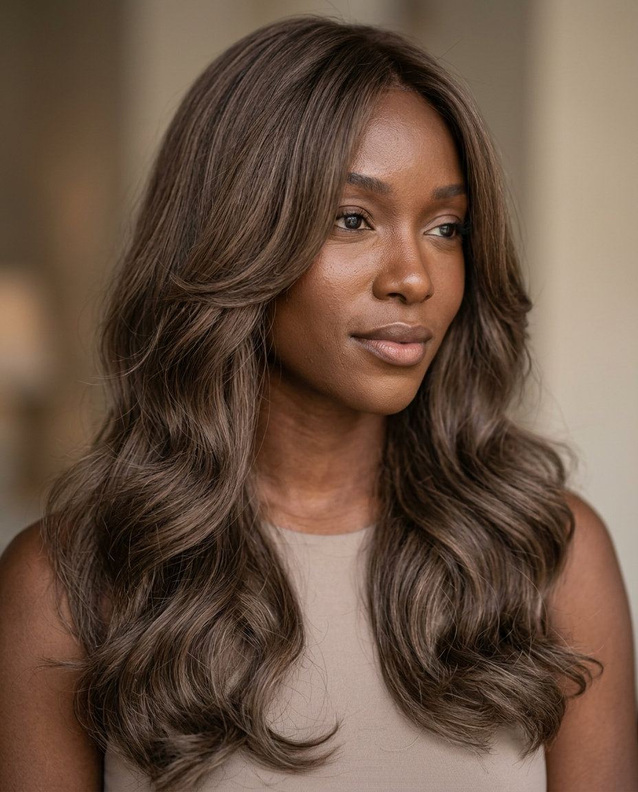 long mushroom bronze waves with ash undertones and face-framing layers for resort vacations