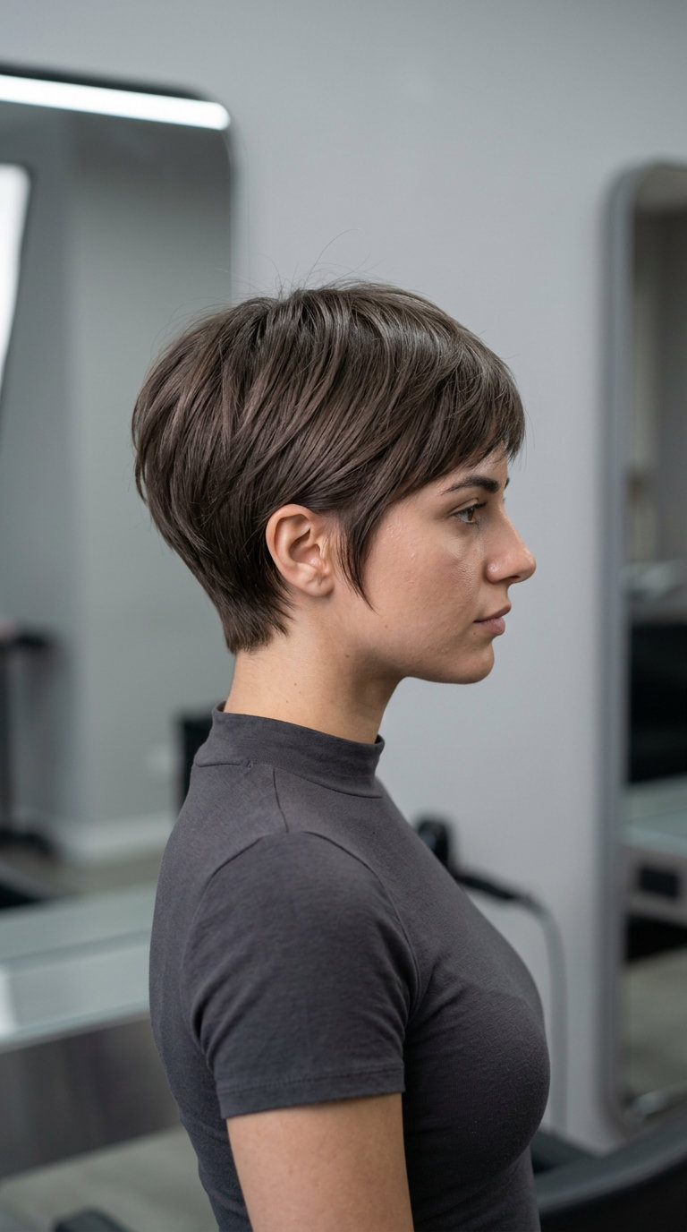very short pixie haircut with mushroom brown 7.1 and razored layers, clean perimeter — minimalist