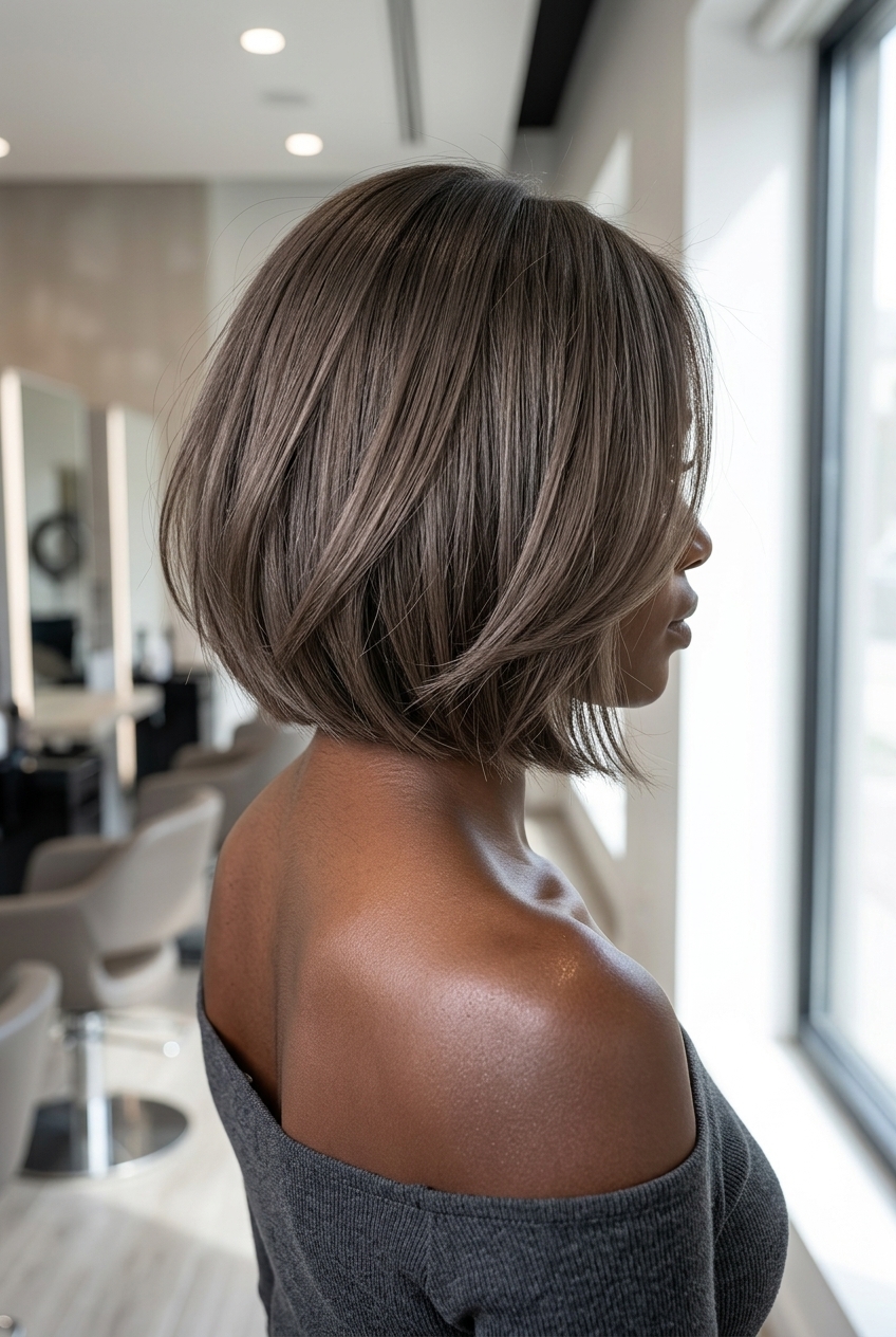 chin-length bob with cool mushroom brown, asymmetrical perimeter, piecey movement — minimalist, modern